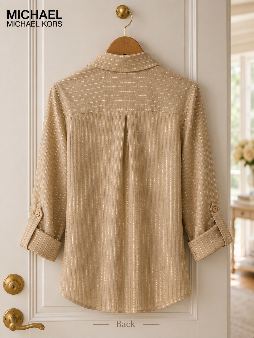 Michael by Michael Kors 🌸 Like NEW 🌸Tan and Metallic Gold Stripe, Women’s Small - Picture 11 of 14